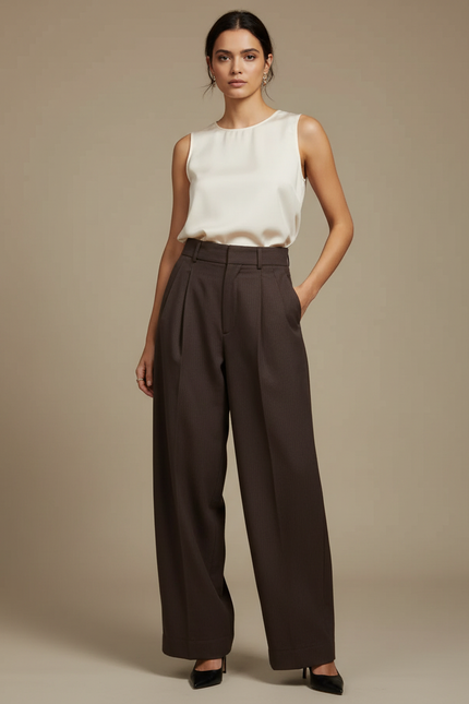 Pantalon À Pince Marron Rayé Ample Taille Haute Femme - Gabardine