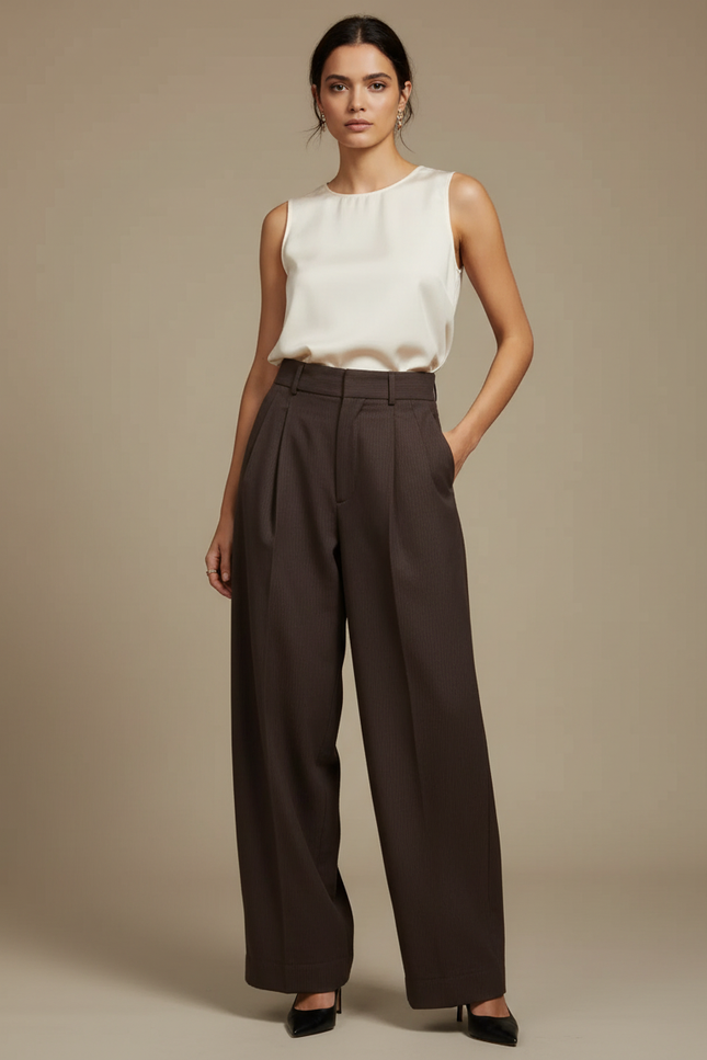 Pantalon À Pince Marron Rayé Ample Taille Haute Femme - Gabardine