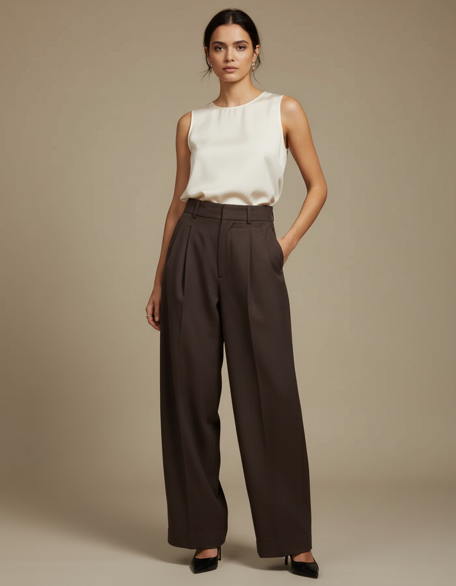 Pantalon À Pince Marron Rayé Ample Taille Haute Femme - Gabardine