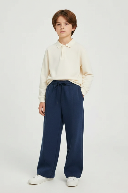 Pantalon À Pince Bleu Marine Droit Décontracté Enfant - Molleton