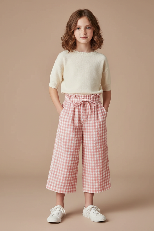 Pantalon À Pince Carreaux Rose Ample Coton Fille