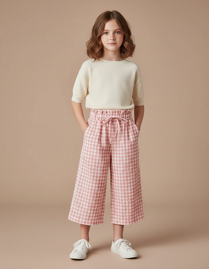 Pantalon À Pince Carreaux Rose Ample Coton Fille