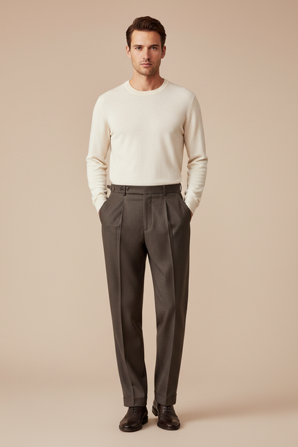 Pantalon À Pince Marron Laine Droit Plissé Formel