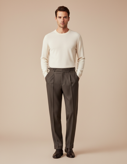 Pantalon À Pince Marron Laine Droit Plissé Formel