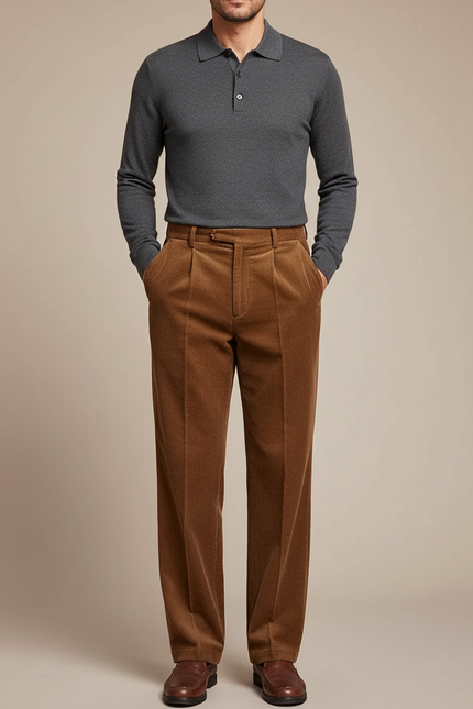 Pantalon À Pince Marron Côtelé Plissé Décontracté Homme - Cordé