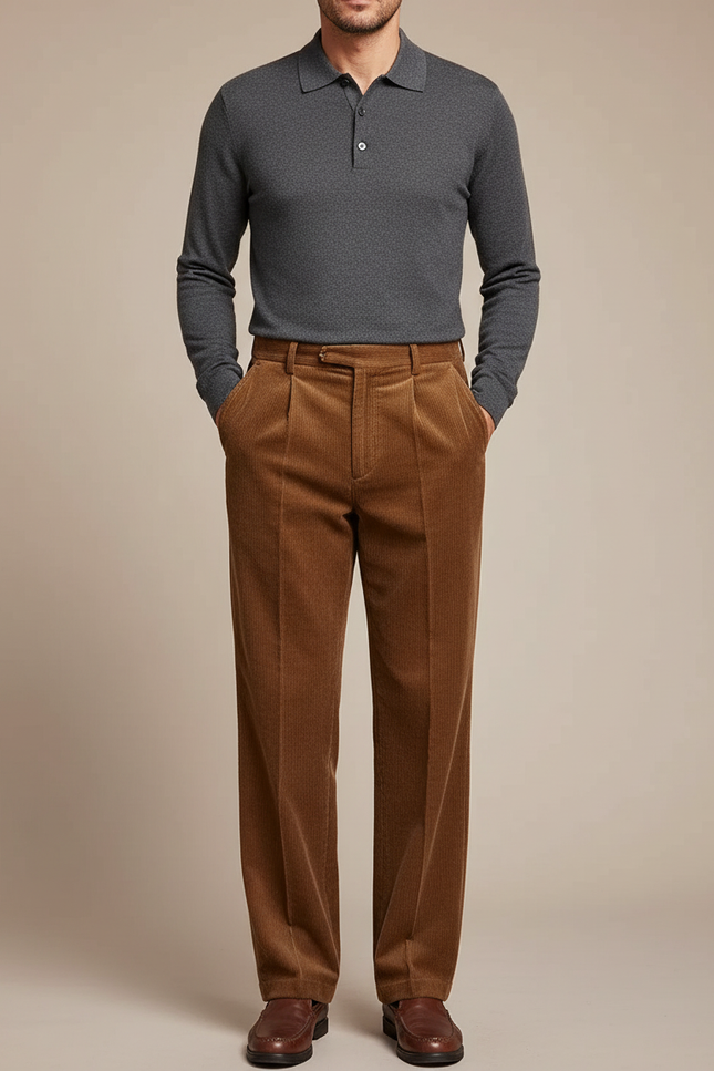 Pantalon À Pince Marron Côtelé Plissé Décontracté Homme - Cordé