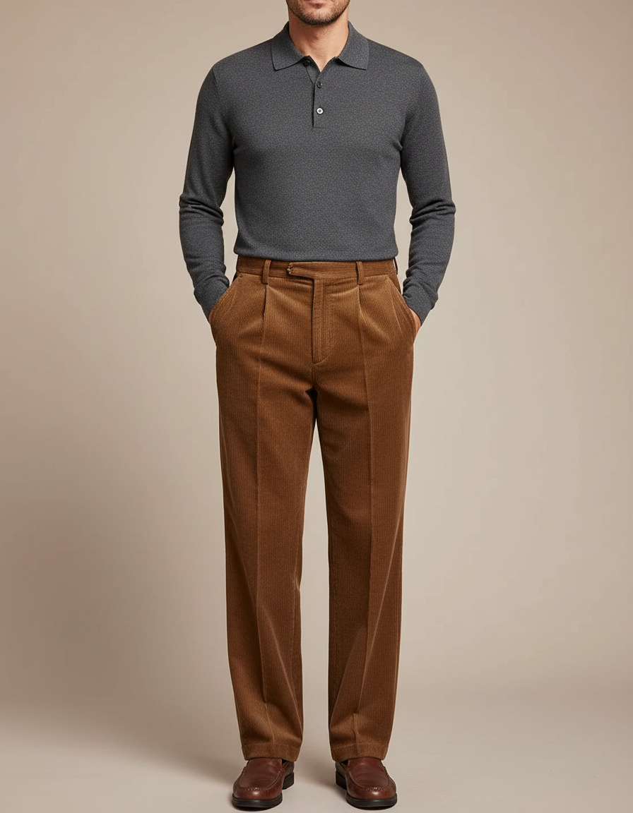 Pantalon À Pince Marron Côtelé Plissé Décontracté Homme - Cordé