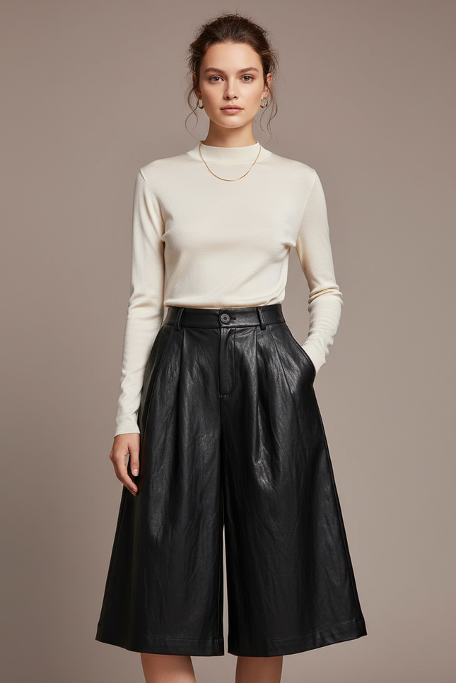 Pantalon À Pince Noir Similicuir Ample Élégant Femme - Simili cuir