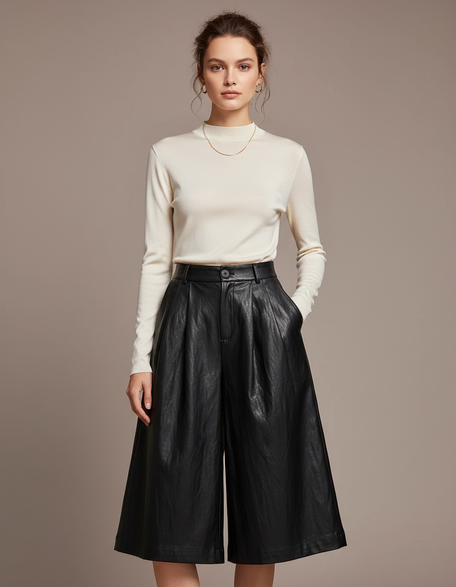 Pantalon À Pince Noir Similicuir Ample Élégant Femme - Simili cuir