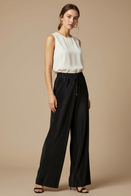 Pantalon À Pince Noir Plissé Ample Fluide - Polyester
