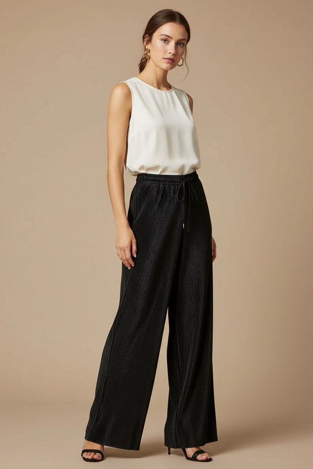 Pantalon À Pince Noir Plissé Ample Fluide - Polyester
