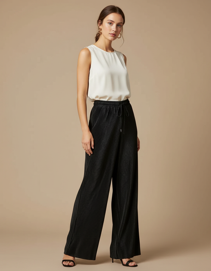 Pantalon À Pince Noir Plissé Ample Fluide - Polyester