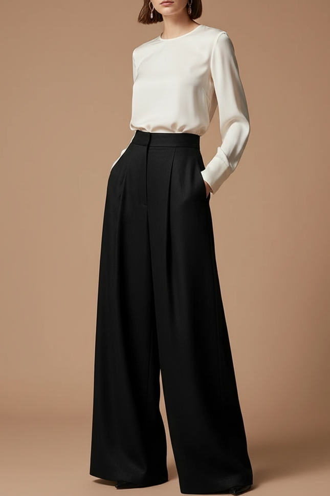 Pantalon À Pince Noir Ample Fluide Taille Haute Femme - Viscose
