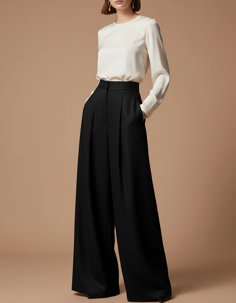 Pantalon À Pince Noir Ample Fluide Taille Haute Femme - Viscose