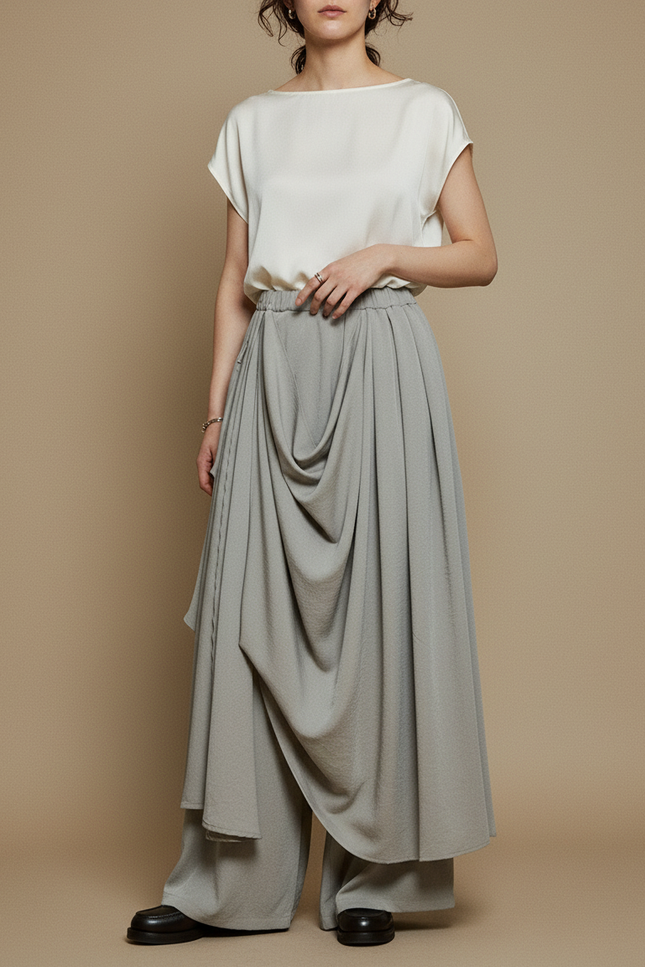Pantalon À Pince Gris Plissé Fluide Ample Femme - Viscose