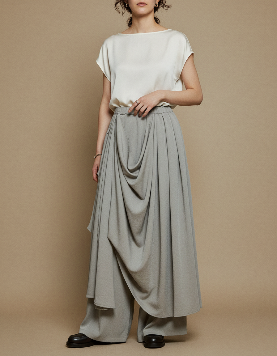 Pantalon À Pince Gris Plissé Fluide Ample Femme - Viscose