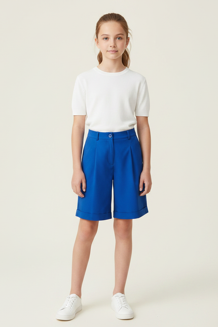 Pantalon À Pince Bleu Royal Droit Ample Court Fille - Polyester