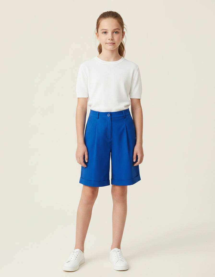 Pantalon À Pince Bleu Royal Droit Ample Court Fille - Polyester