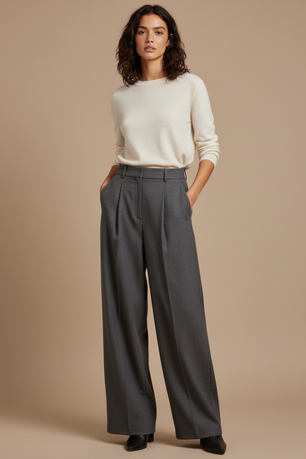 Pantalon À Pince Gris Ample Plissé Élégant Femme - Gabardine