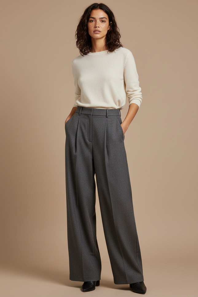 Pantalon À Pince Gris Ample Plissé Élégant Femme - Gabardine