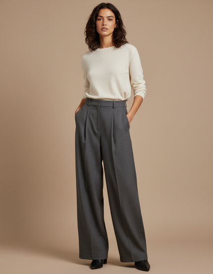 Pantalon À Pince Gris Ample Plissé Élégant Femme - Gabardine
