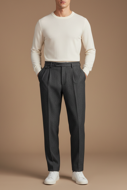 Pantalon À Pince Gris Anthracite Laine Plissé Droit Homme
