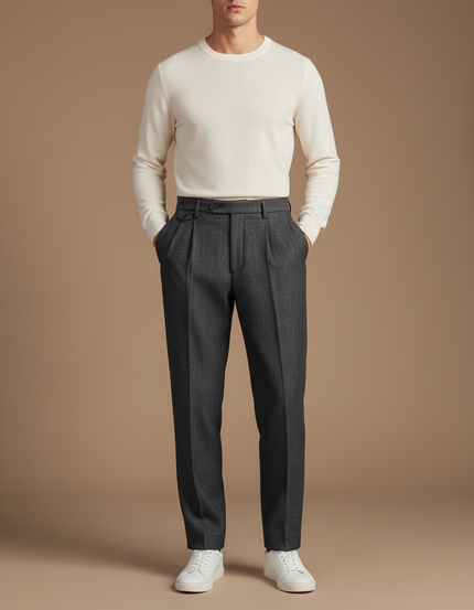 Pantalon À Pince Gris Anthracite Laine Plissé Droit Homme