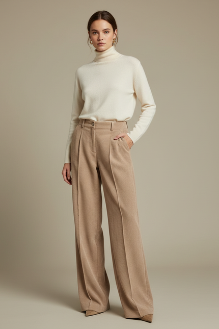 Pantalon À Pince Beige Côtelé Ample Taille Haute Femme - Cordé