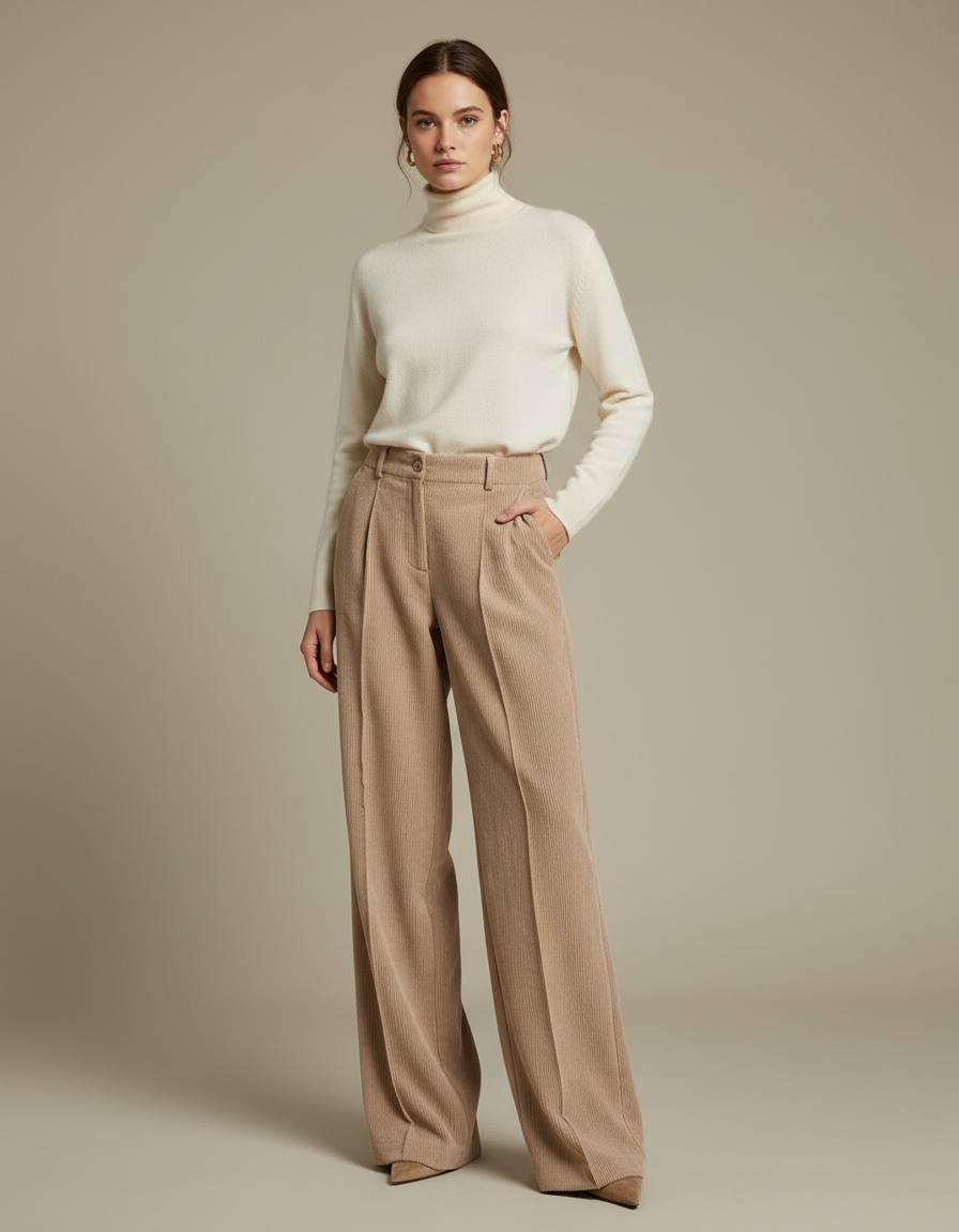 Pantalon À Pince Beige Côtelé Ample Taille Haute Femme - Cordé