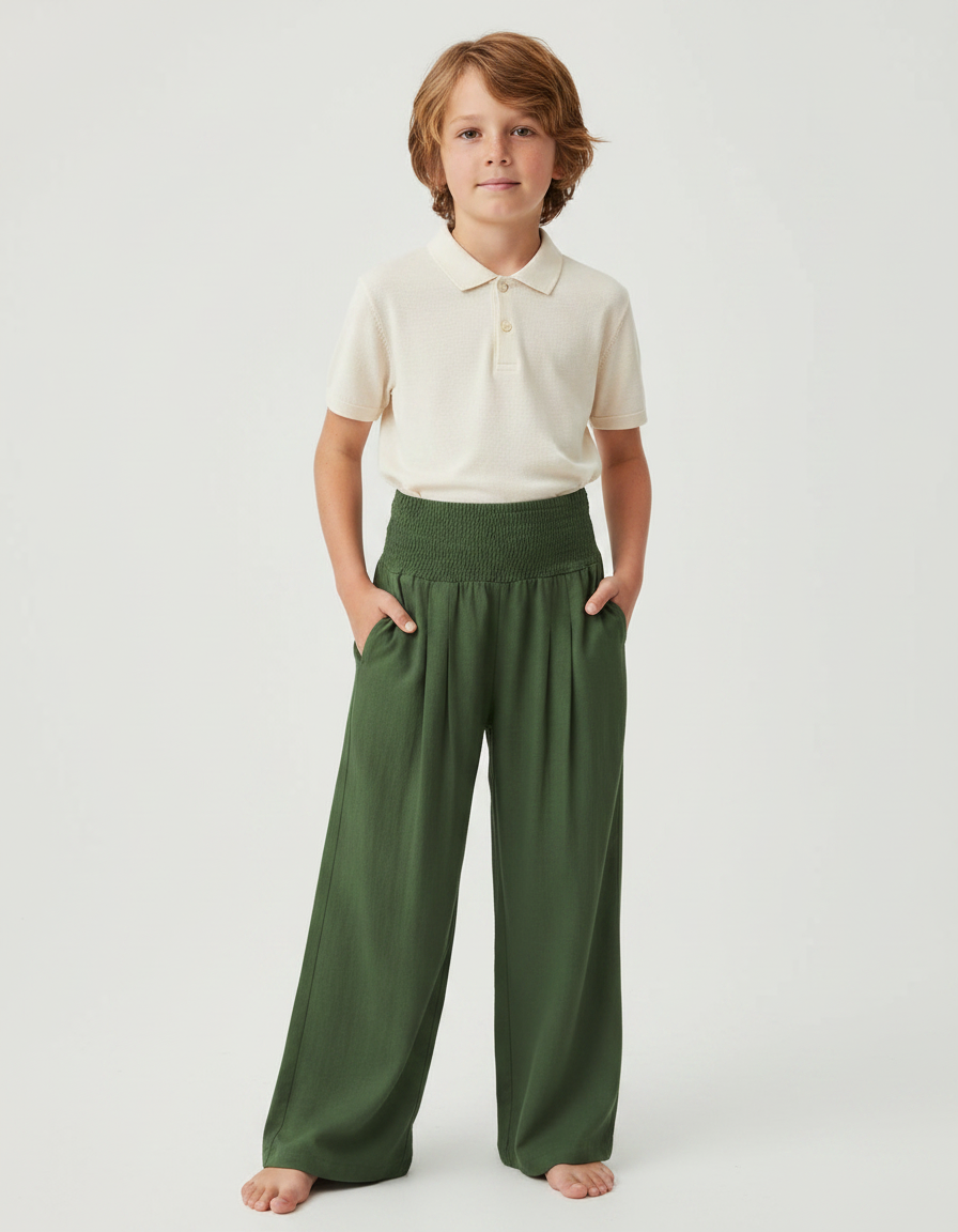Pantalon À Pince Vert Ample Fluide Enfant - Viscose