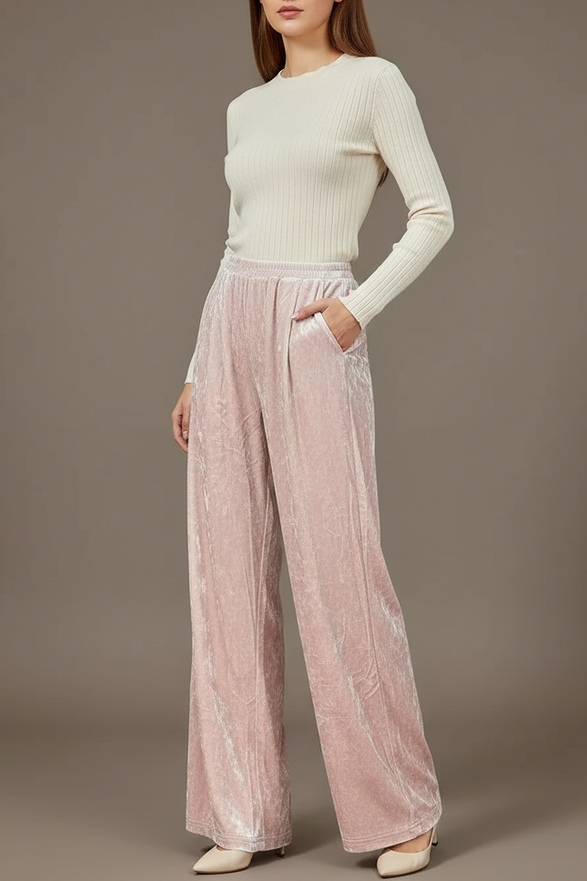 Pantalon À Pince Velours Rose Ample Fluide Élégant