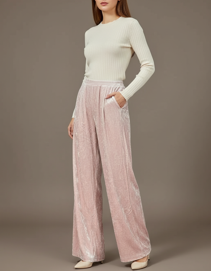 Pantalon À Pince Velours Rose Ample Fluide Élégant