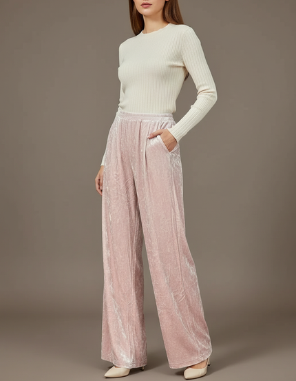 Pantalon À Pince Velours Rose Ample Fluide Élégant