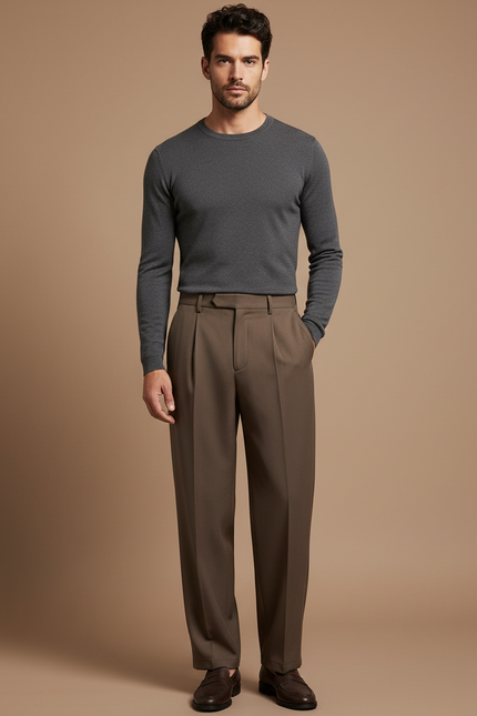 Pantalon À Pince Marron Plissé Droit Décontracté Homme - Gabardine