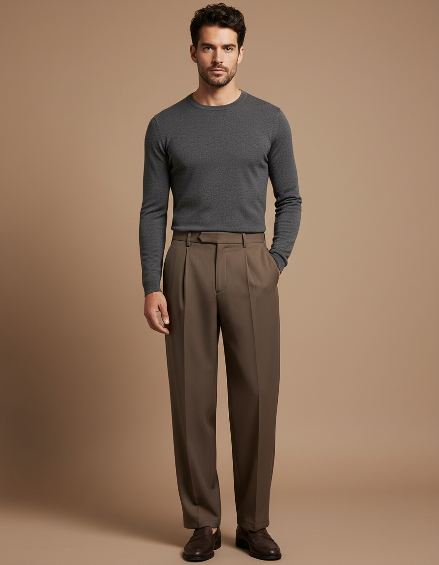Pantalon À Pince Marron Plissé Droit Décontracté Homme - Gabardine