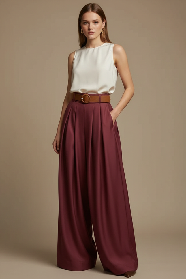 Pantalon À Pince Bordeaux Plissé Ample Élégant Fluide - Polyester