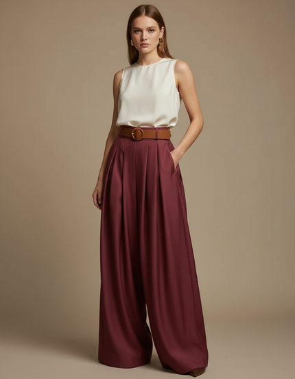 Pantalon À Pince Bordeaux Plissé Ample Élégant Fluide - Polyester
