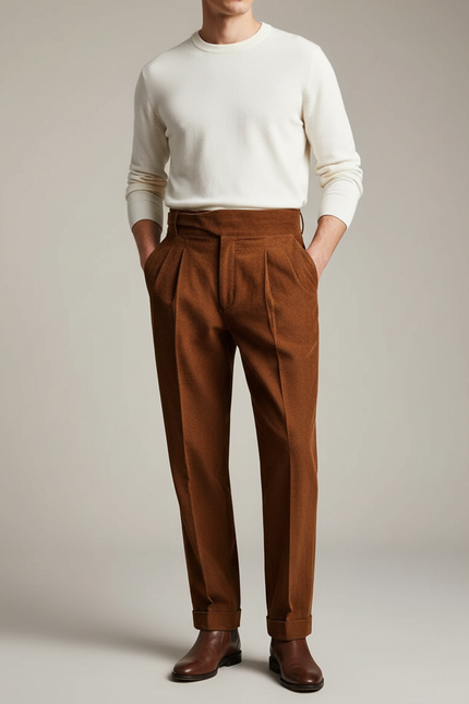 Pantalon À Pince Marron Côtelé Plissé Homme Élégant - Cordé
