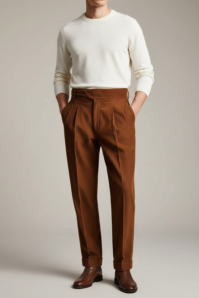 Pantalon À Pince Marron Côtelé Plissé Homme Élégant - Cordé