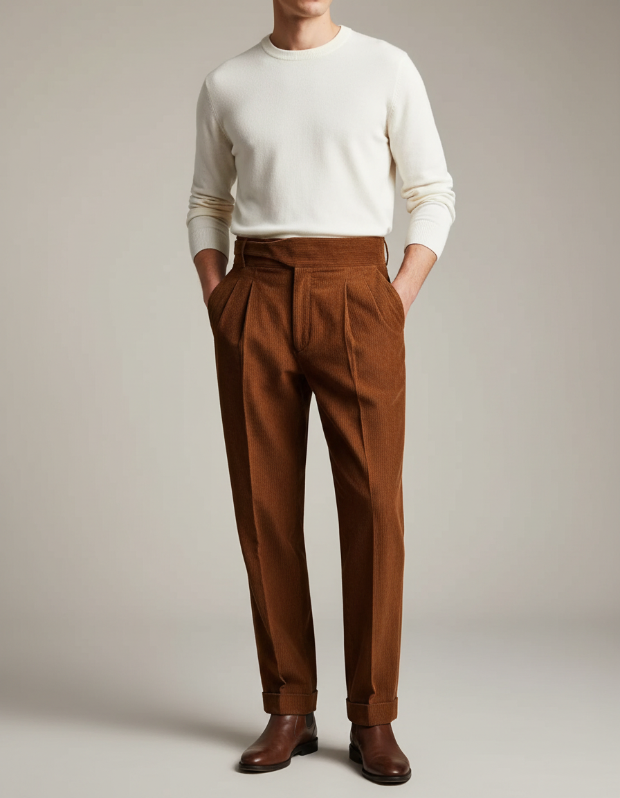 Pantalon À Pince Marron Côtelé Plissé Homme Élégant - Cordé