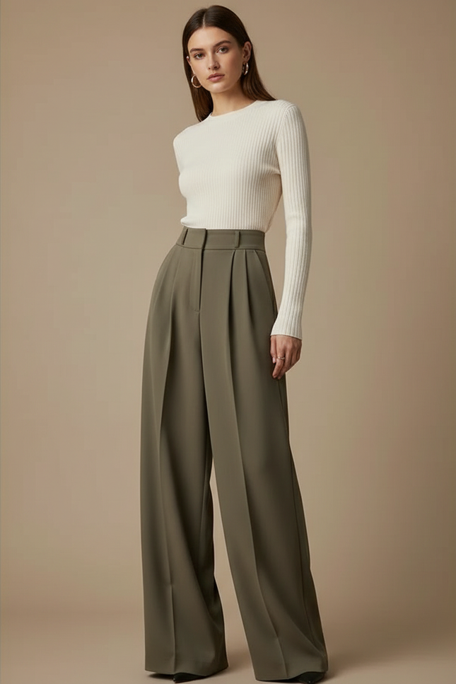 Pantalon À Pince Kaki Plissé Ample Taille Haute Fluide - Viscose