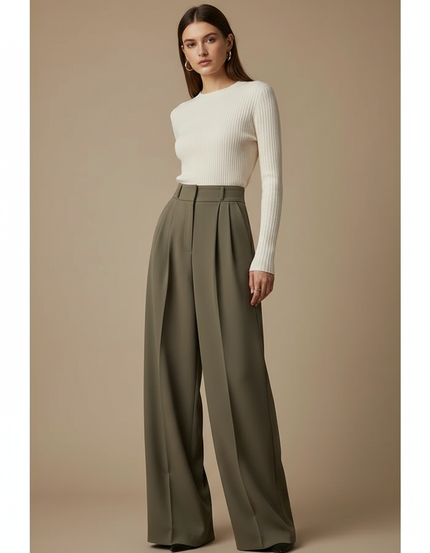Pantalon À Pince Kaki Plissé Ample Taille Haute Fluide - Viscose