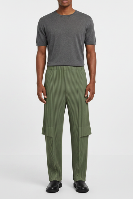 Pantalon À Pince Plissé Vert Militaire Ample Décontracté - Kaki Polyester