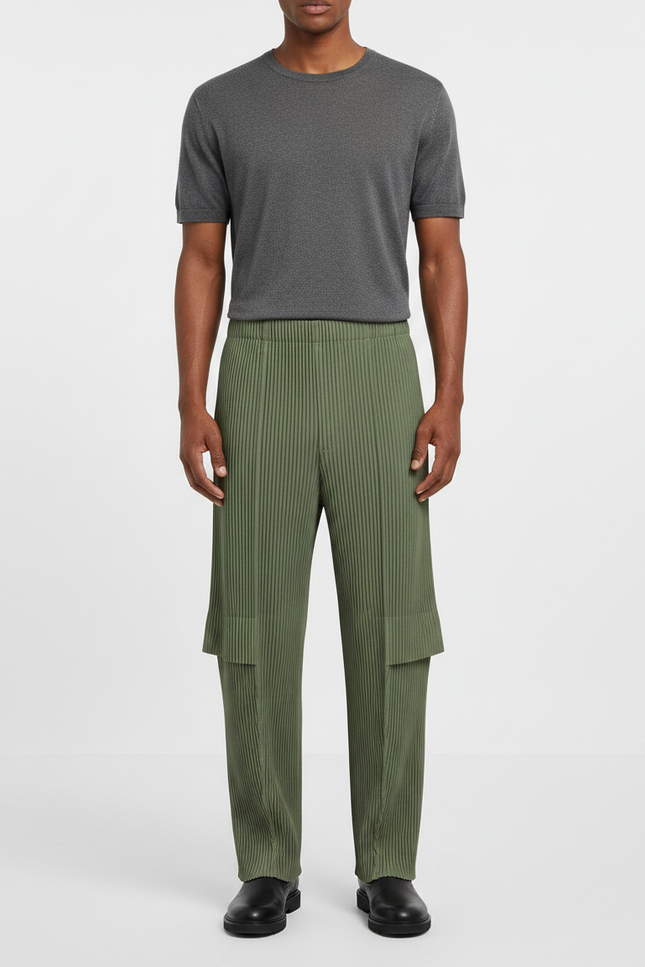 Pantalon À Pince Plissé Vert Militaire Ample Décontracté - Kaki Polyester