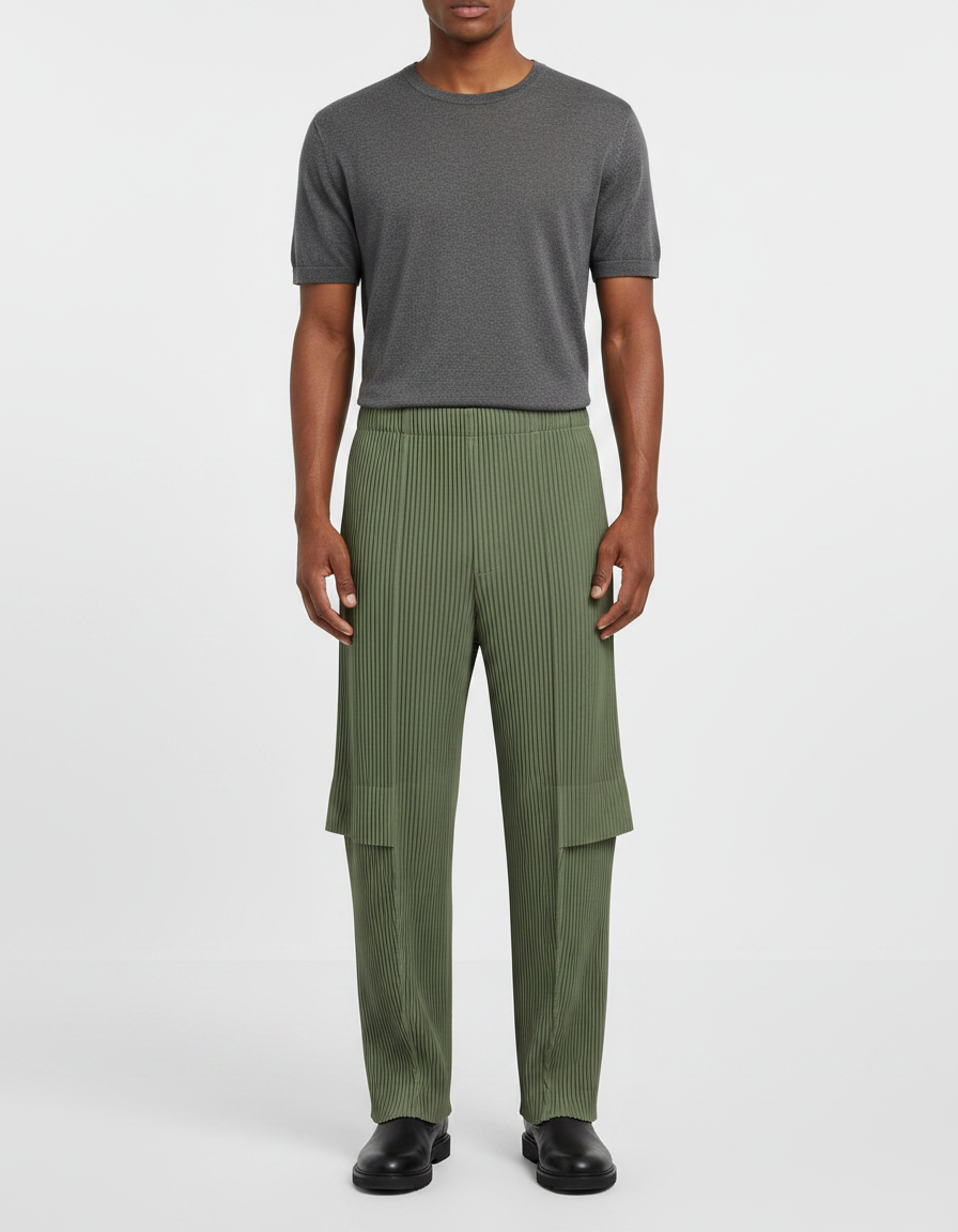 Pantalon À Pince Plissé Vert Militaire Ample Décontracté - Kaki Polyester