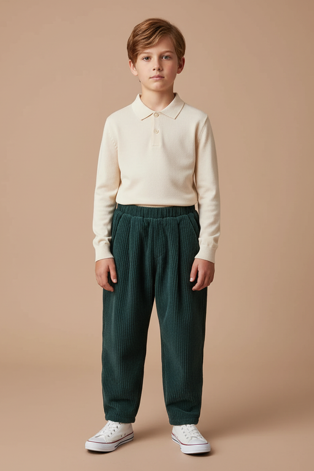 Pantalon À Pince Vert Côtelé Ample Décontracté Enfant - Cordé