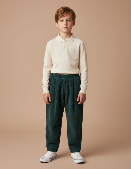 Pantalon À Pince Vert Côtelé Ample Décontracté Enfant - Cordé