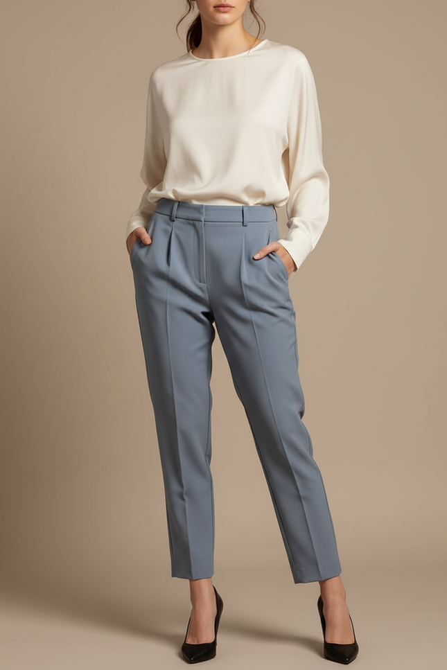 Pantalon À Pince Bleu Ciel Plissé Droit Élégant - Polyester