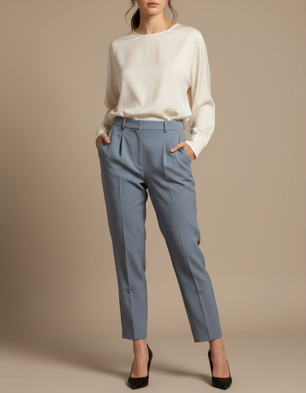 Pantalon À Pince Bleu Ciel Plissé Droit Élégant - Polyester