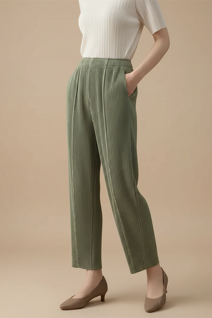 Pantalon À Pince Plissé Vert Fluide Confortable Femme - Polyester